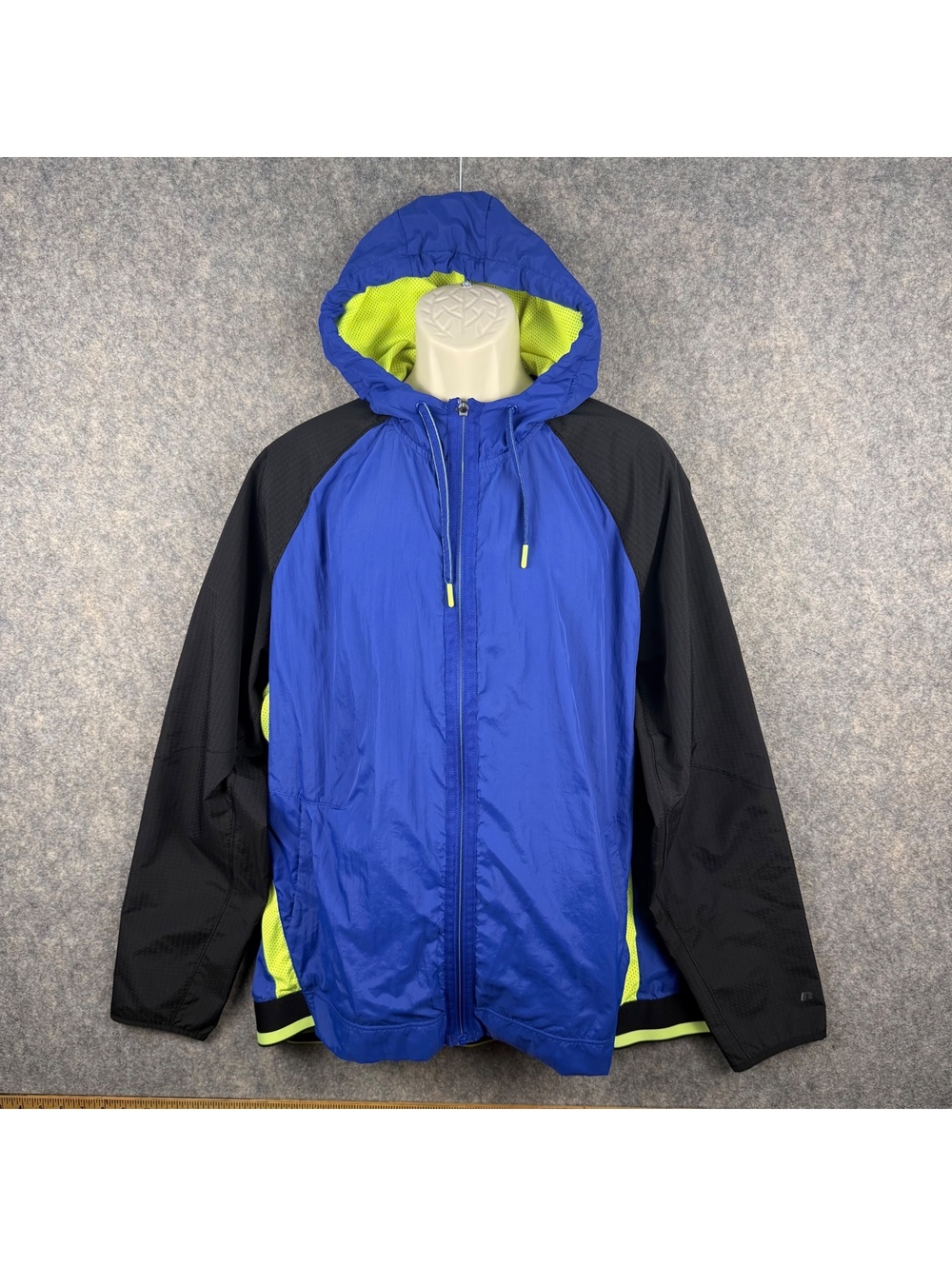 Russell Full Zip Windbreaker Jacket Hood Blue Black Neon Yellow Men 2XL 855